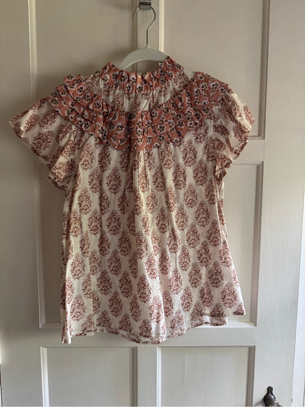 Smocked Ruffle Yoke Floral Blouse in Dusty Rose and Cream